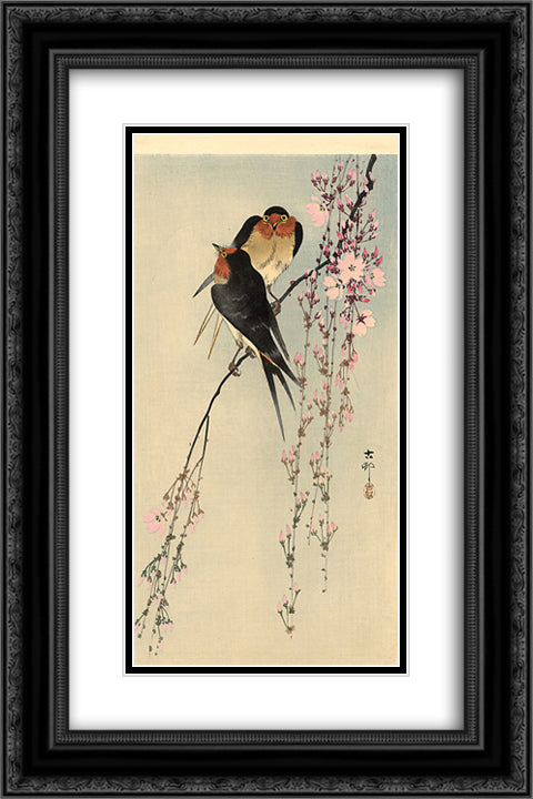 Two barn swallows on blossoming cherry 16x24 Black Ornate Wood Framed Art Print Poster with Double Matting by Koson, Ohara