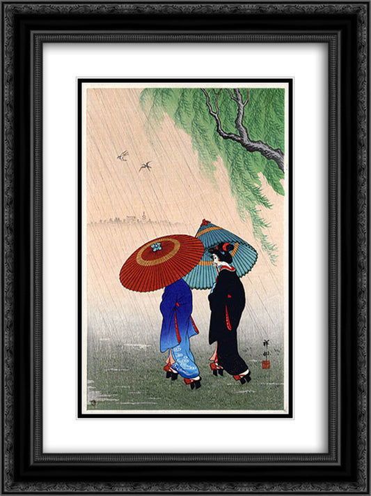 Two Beauties in Rain 18x24 Black Ornate Wood Framed Art Print Poster with Double Matting by Koson, Ohara