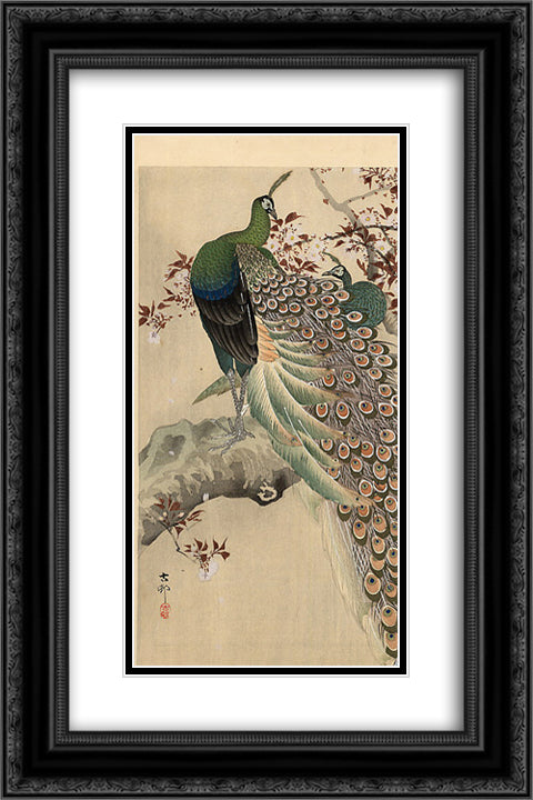 Two green peacocks on the bough of a flowering tree 16x24 Black Ornate Wood Framed Art Print Poster with Double Matting by Koson, Ohara