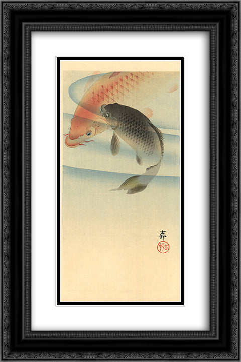 Two koi carps 16x24 Black Ornate Wood Framed Art Print Poster with Double Matting by Koson, Ohara