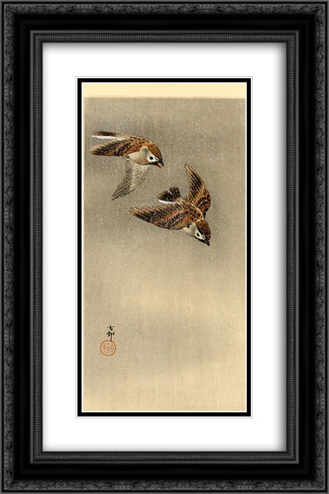 Two sparrows in flight 16x24 Black Ornate Wood Framed Art Print Poster with Double Matting by Koson, Ohara