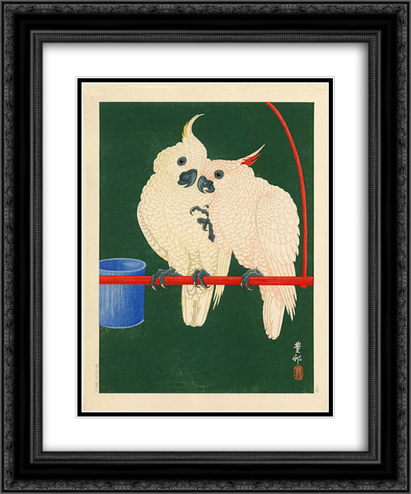 Two White Cockatoos on a Red Bar 20x24 Black Ornate Wood Framed Art Print Poster with Double Matting by Koson, Ohara