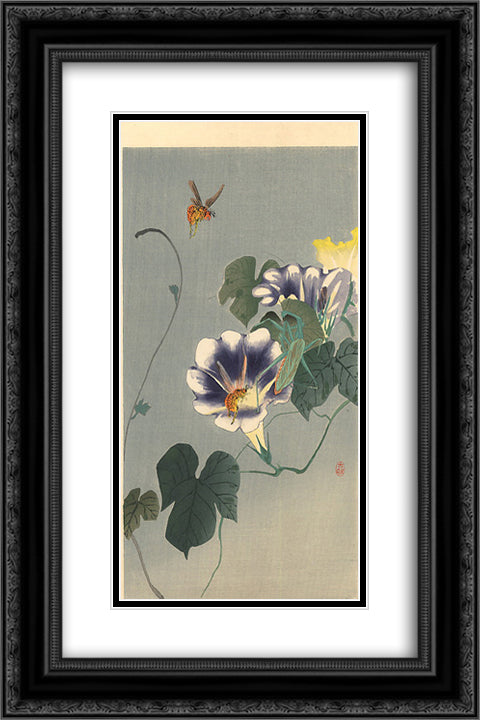 Wasps and Praying Mantis 16x24 Black Ornate Wood Framed Art Print Poster with Double Matting by Koson, Ohara