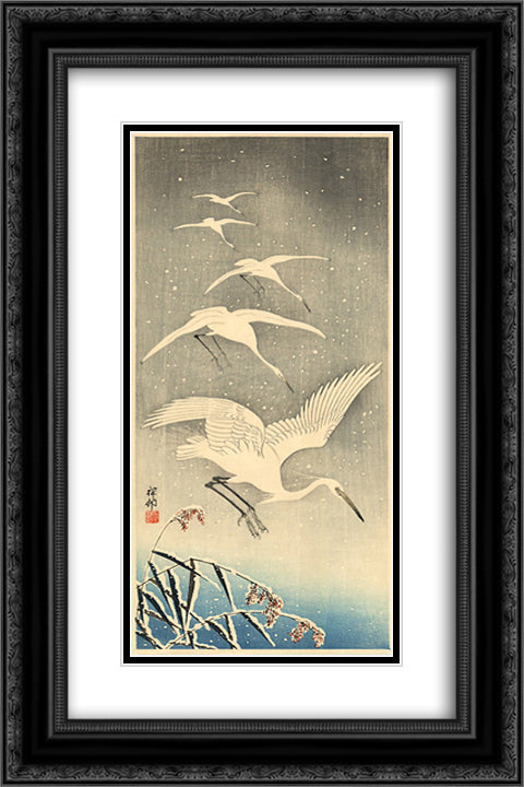 White Birds in Snow 16x24 Black Ornate Wood Framed Art Print Poster with Double Matting by Koson, Ohara