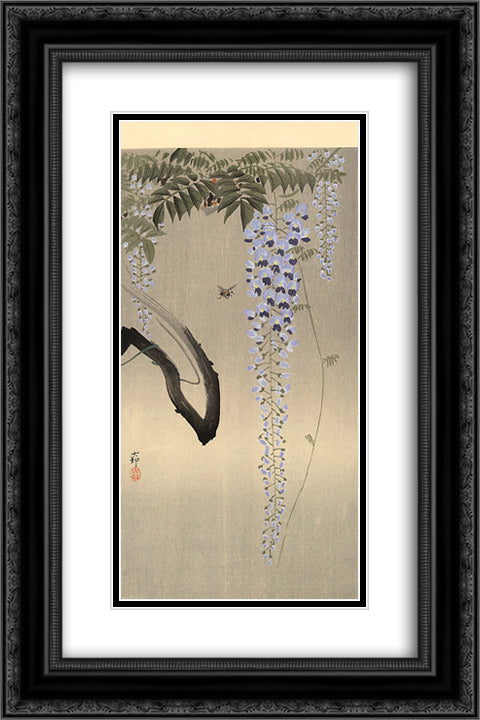 Wisteria and Bee 16x24 Black Ornate Wood Framed Art Print Poster with Double Matting by Koson, Ohara