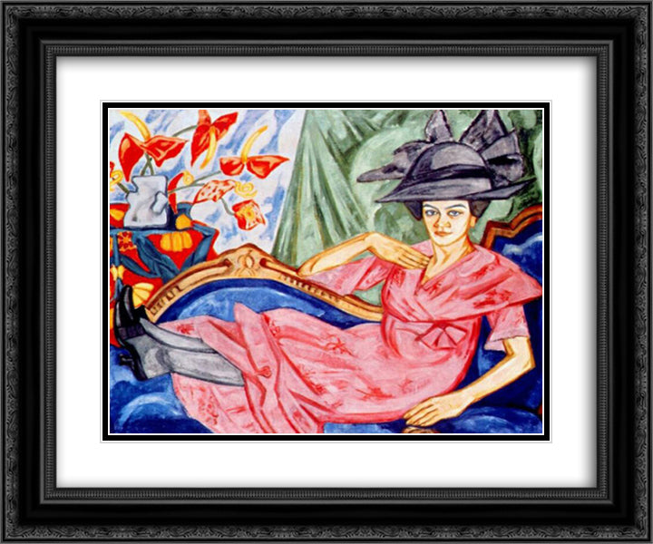 Lady in pink (Artist's sister Anna Rozanova) 24x20 Black Ornate Wood Framed Art Print Poster with Double Matting by Rozanova, Olga