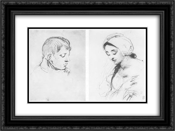 Head of a boy. Portrait of a girl with a braid 24x18 Black Ornate Wood Framed Art Print Poster with Double Matting by Kiprensky, Orest