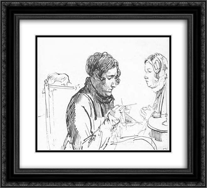 Knitting. Two women at the table 22x20 Black Ornate Wood Framed Art Print Poster with Double Matting by Kiprensky, Orest