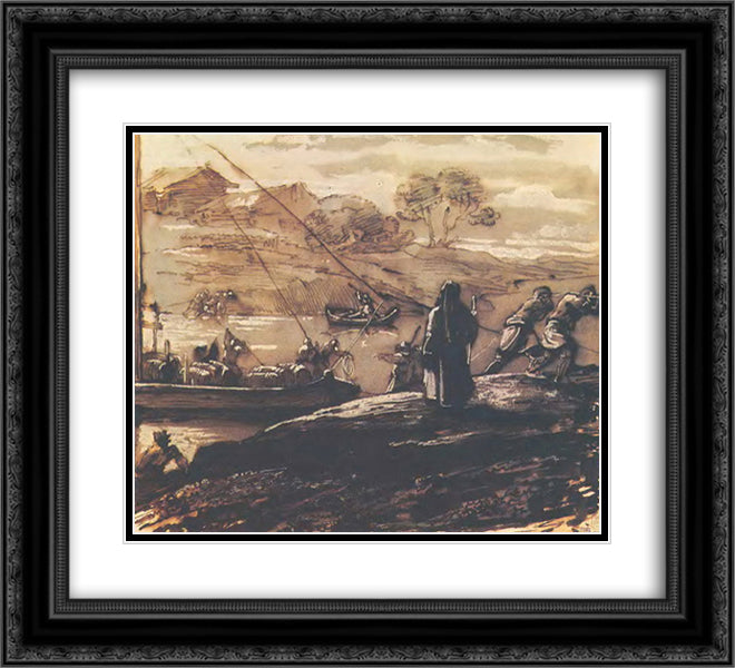 Landscape with barge haulers 22x20 Black Ornate Wood Framed Art Print Poster with Double Matting by Kiprensky, Orest