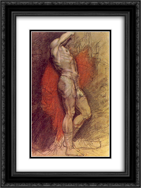 Standing sitter on the background of red drapery 18x24 Black Ornate Wood Framed Art Print Poster with Double Matting by Kiprensky, Orest