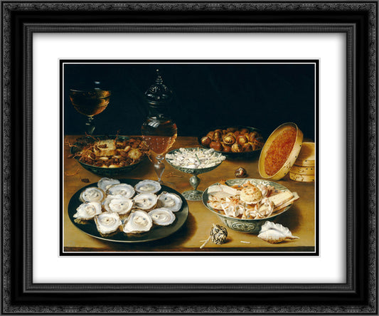 Dishes with Oysters, Fruit, and Wine 24x20 Black Ornate Wood Framed Art Print Poster with Double Matting by Beert, Osias