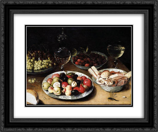 Still Life of Fruit 24x20 Black Ornate Wood Framed Art Print Poster with Double Matting by Beert, Osias