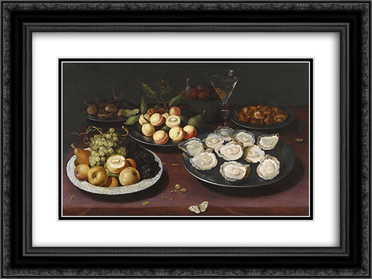 Still Life Of Fruit And A Plate Of Oysters 24x18 Black Ornate Wood Framed Art Print Poster with Double Matting by Beert, Osias