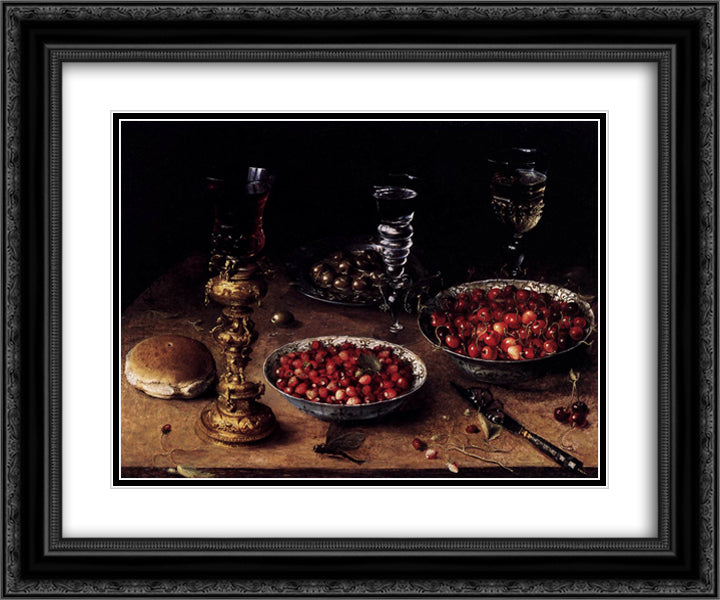 Still Life with Cherries and Strawberries in China Bowls 24x20 Black Ornate Wood Framed Art Print Poster with Double Matting by Beert, Osias
