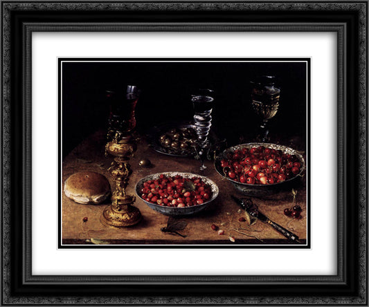 Still Life with Cherries and Strawberries in China Bowls 24x20 Black Ornate Wood Framed Art Print Poster with Double Matting by Beert, Osias