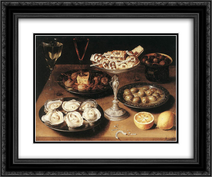 Still Life with Oysters and Pastries 24x20 Black Ornate Wood Framed Art Print Poster with Double Matting by Beert, Osias