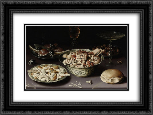 Three Dishes of Sweetmeats and Chestnuts with Three Glasses on a Table 24x18 Black Ornate Wood Framed Art Print Poster with Double Matting by Beert, Osias