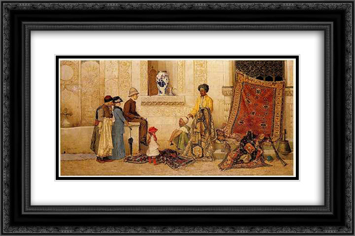 The Carpet Merchant 24x16 Black Ornate Wood Framed Art Print Poster with Double Matting by Hamdi, Osman