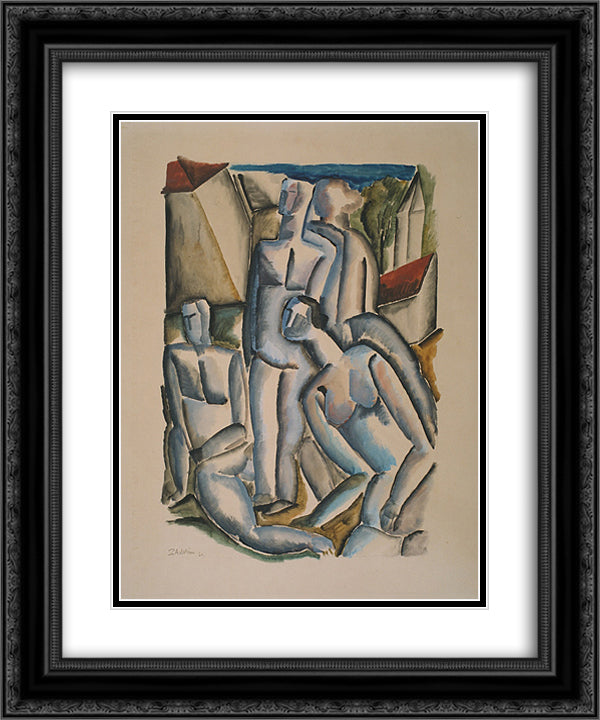 Four people in a village 20x24 Black Ornate Wood Framed Art Print Poster with Double Matting by Zadkine, Ossip