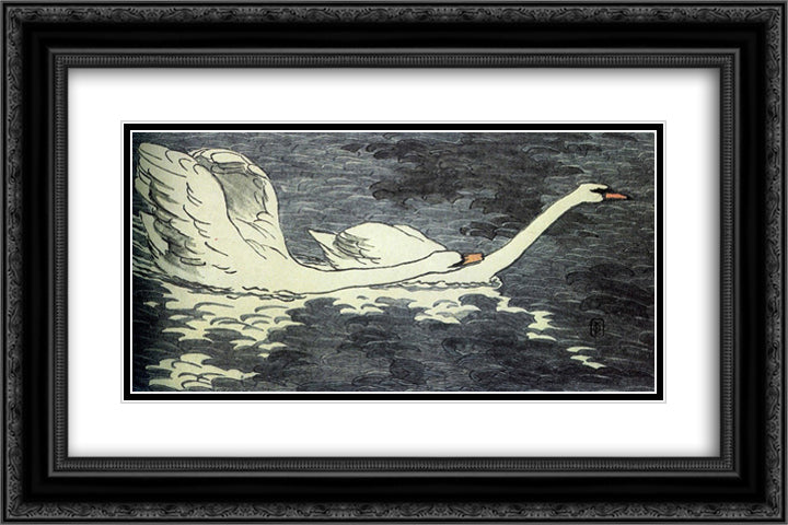 Farbiger Holzschnitt Zwei Schwane 24x16 Black Ornate Wood Framed Art Print Poster with Double Matting by Eckmann, Otto