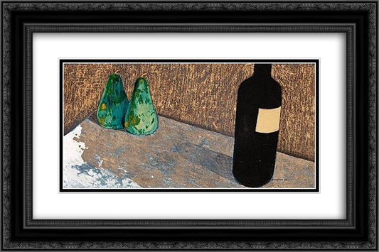 Still life with bottle and green pears 24x16 Black Ornate Wood Framed Art Print Poster with Double Matting by Carlsund, Otto Gustav