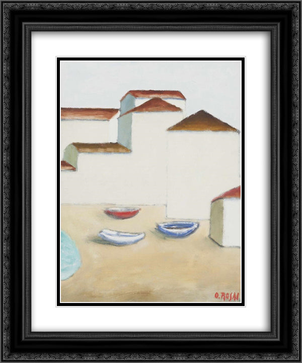Barche sulla spiaggia 20x24 Black Ornate Wood Framed Art Print Poster with Double Matting by Rosai, Ottone