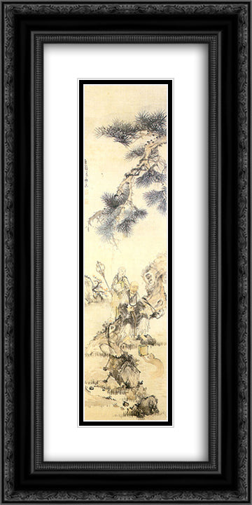 Painting of an old monk under the pine tree 12x24 Black Ornate Wood Framed Art Print Poster with Double Matting by Owon