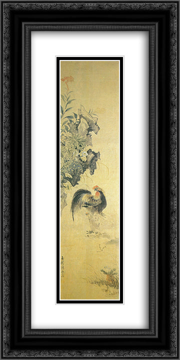 Rooster 12x24 Black Ornate Wood Framed Art Print Poster with Double Matting by Owon