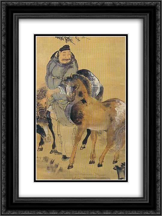 The painting of a man with two horses (detail) 18x24 Black Ornate Wood Framed Art Print Poster with Double Matting by Owon