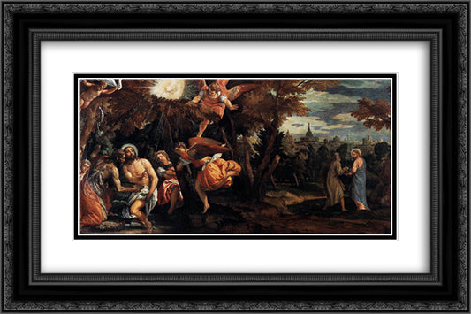 Baptism and Temptation of Christ 24x16 Black Ornate Wood Framed Art Print Poster with Double Matting by Veronese, Paolo