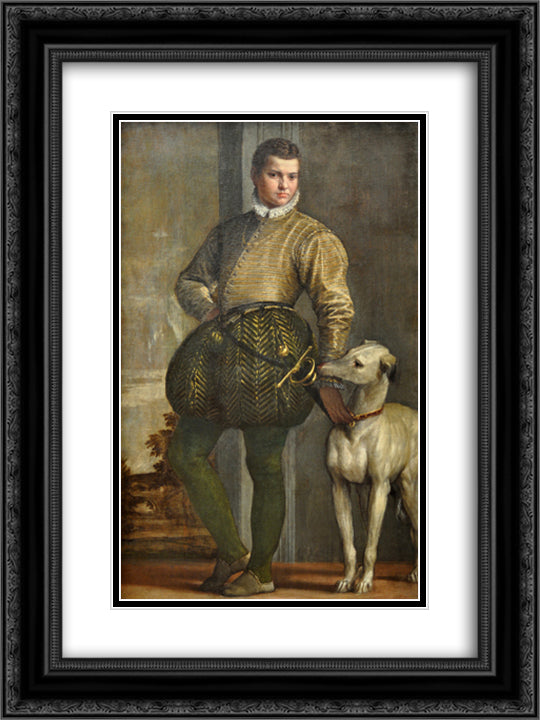 Boy with a Greyhound 18x24 Black Ornate Wood Framed Art Print Poster with Double Matting by Veronese, Paolo