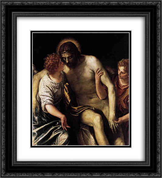 Dead Christ Supported by Two Angels 20x22 Black Ornate Wood Framed Art Print Poster with Double Matting by Veronese, Paolo