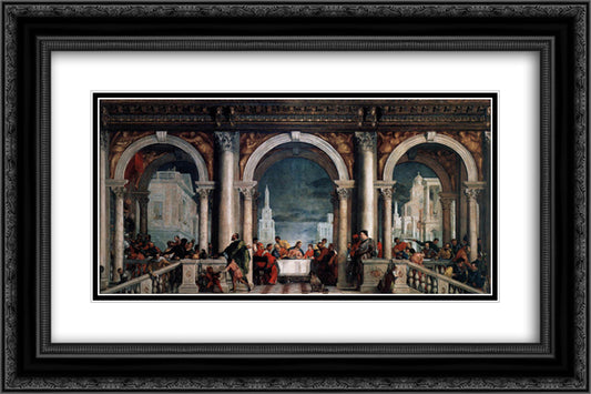 Feast in the House of Levi 24x16 Black Ornate Wood Framed Art Print Poster with Double Matting by Veronese, Paolo