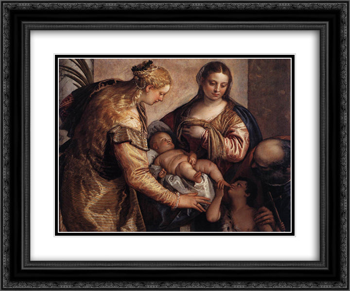 Holy Family with St Barbara and the Infant St John 24x20 Black Ornate Wood Framed Art Print Poster with Double Matting by Veronese, Paolo