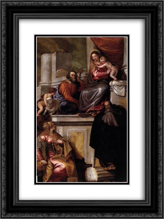 Holy Family with Sts Anthony Abbot, Catherine and the Infant John the Baptist 18x24 Black Ornate Wood Framed Art Print Poster with Double Matting by Veronese, Paolo