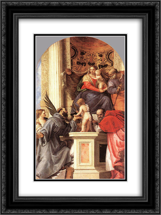 Madonna Enthroned with Saints 18x24 Black Ornate Wood Framed Art Print Poster with Double Matting by Veronese, Paolo