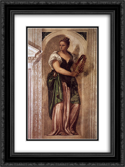 Muse with Tambourine 18x24 Black Ornate Wood Framed Art Print Poster with Double Matting by Veronese, Paolo