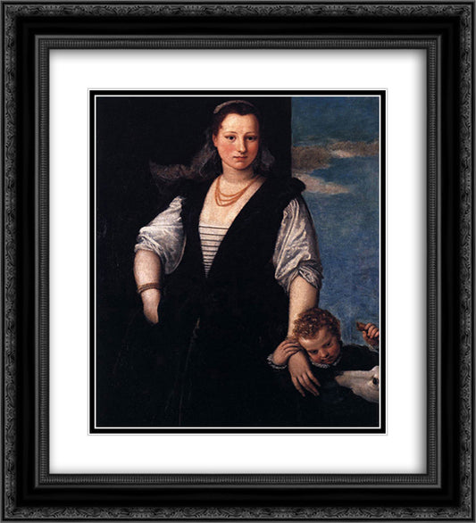 Portrait of woman with a child and a dog 20x22 Black Ornate Wood Framed Art Print Poster with Double Matting by Veronese, Paolo