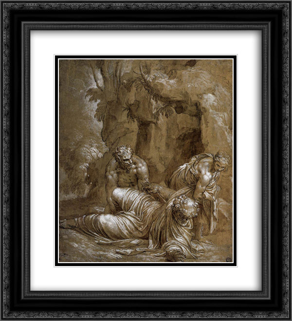 Temptation of St. Anthony 20x22 Black Ornate Wood Framed Art Print Poster with Double Matting by Veronese, Paolo