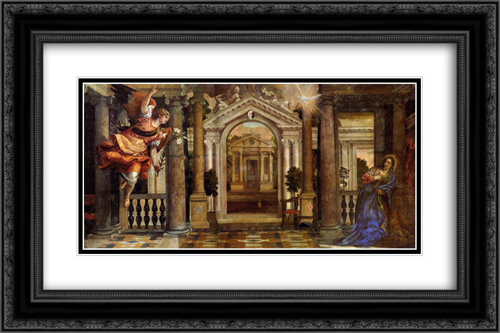 The Annunciation 24x16 Black Ornate Wood Framed Art Print Poster with Double Matting by Veronese, Paolo