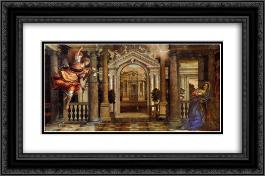 The Annunciation 24x16 Black Ornate Wood Framed Art Print Poster with Double Matting by Veronese, Paolo
