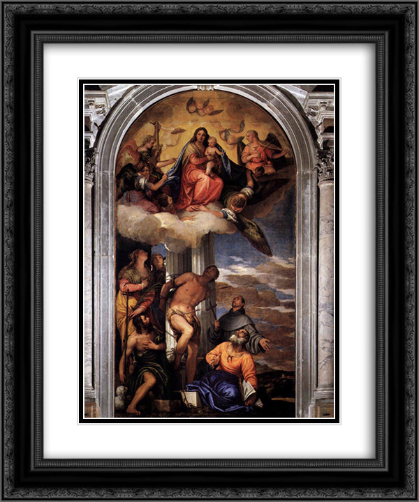 Virgin and Child with Saints 20x24 Black Ornate Wood Framed Art Print Poster with Double Matting by Veronese, Paolo