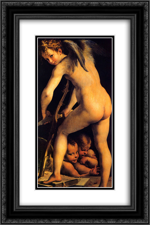 Amor Carving His Bow 16x24 Black Ornate Wood Framed Art Print Poster with Double Matting by Parmigianino