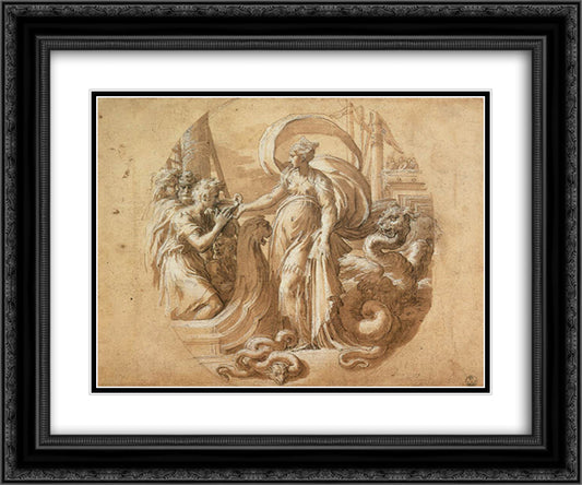 Circe and the Companions of Ulysses 24x20 Black Ornate Wood Framed Art Print Poster with Double Matting by Parmigianino