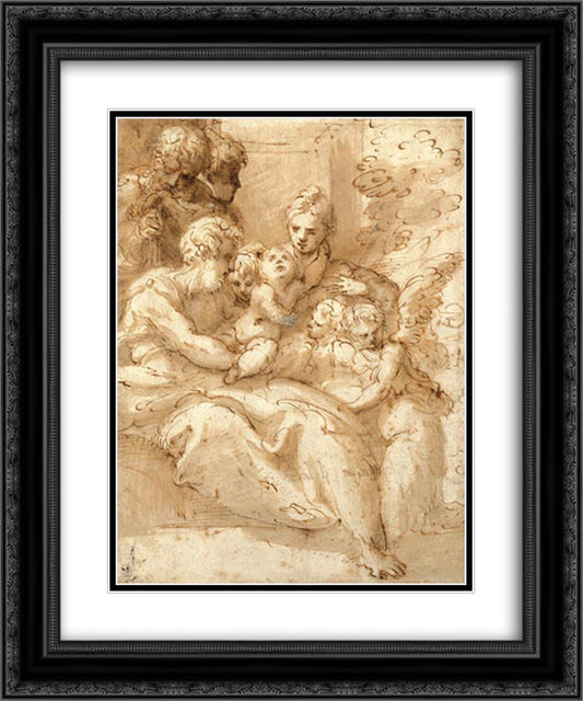 Holy Family with Shepherds and Angels 20x24 Black Ornate Wood Framed Art Print Poster with Double Matting by Parmigianino