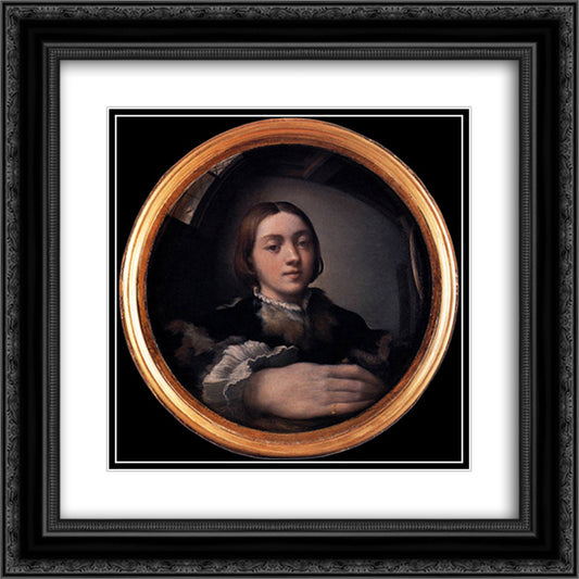 Self-portrait in a Convex Mirror 20x20 Black Ornate Wood Framed Art Print Poster with Double Matting by Parmigianino