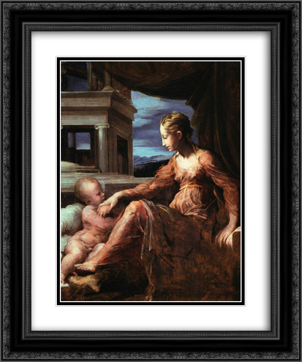 Virgin and Child 20x24 Black Ornate Wood Framed Art Print Poster with Double Matting by Parmigianino