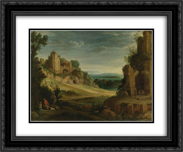 Landscape with a Hunting Party and Roman Ruins 24x20 Black Ornate Wood Framed Art Print Poster with Double Matting by Bril, Paul