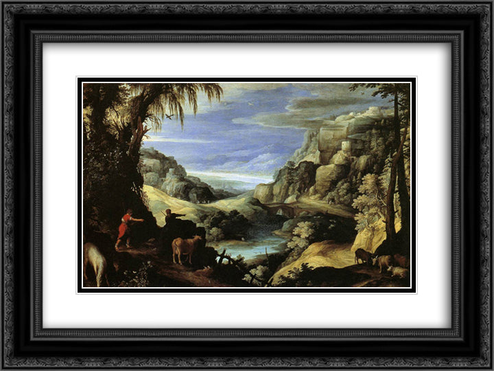 Landscape with Mercury and Argus 24x18 Black Ornate Wood Framed Art Print Poster with Double Matting by Bril, Paul