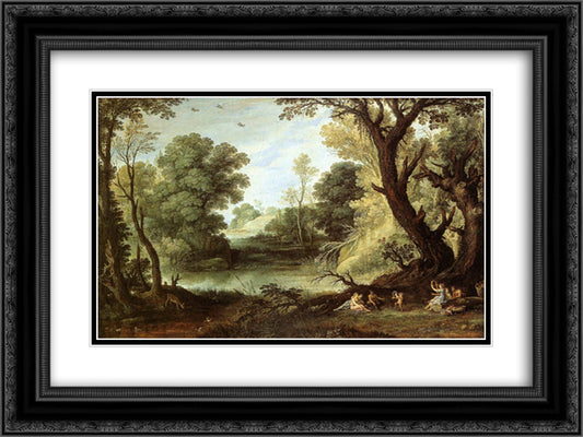Landscape with Nymphs and Satyrs 24x18 Black Ornate Wood Framed Art Print Poster with Double Matting by Bril, Paul